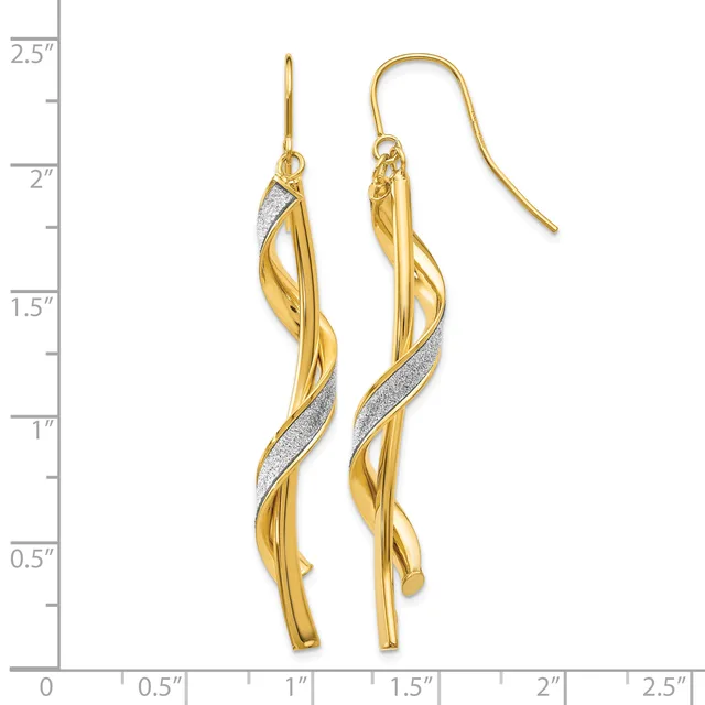Two gold twisted drop earrings with white diamond accents and fish hook closures, displayed on a measurement scale showing approximately two inches in length.