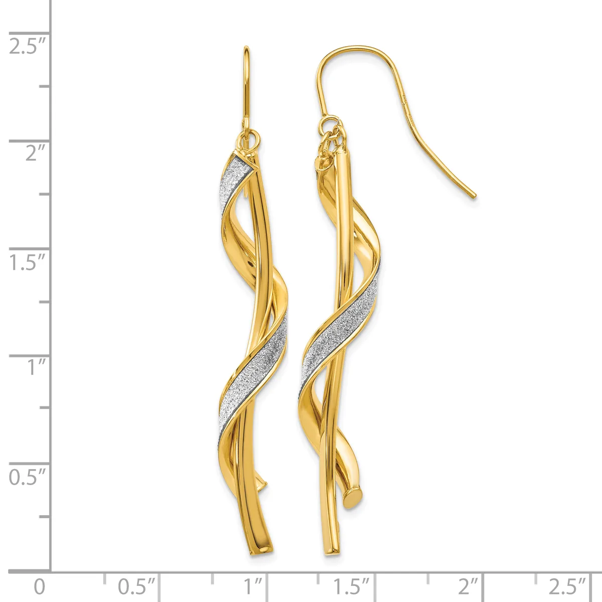 Two gold twisted drop earrings with white diamond accents and fish hook closures, displayed on a measurement scale showing approximately two inches in length.