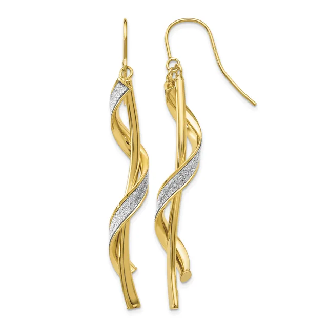 A pair of gold drop earrings with a twisted design and white textured accents, shown on fish hook wires against a white background.