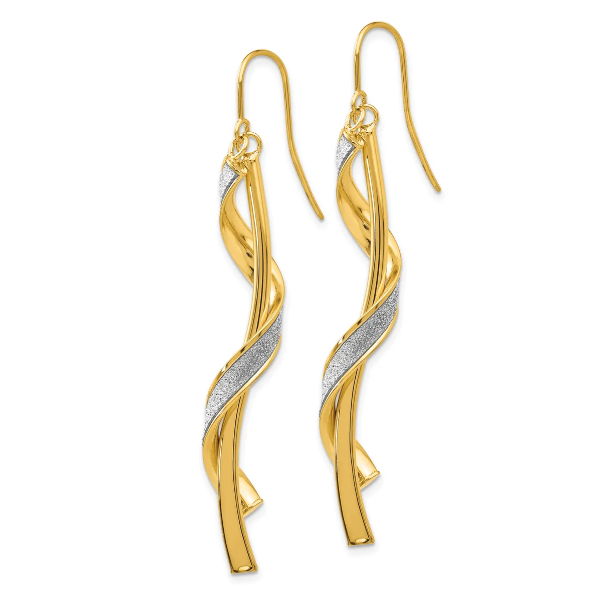 A pair of long dangling earrings with twisted gold and white metal stripes, suspended from gold fish hook wires.