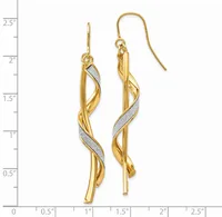 A pair of gold twisted drop earrings with textured diamond-cut accents, displayed on a measurement scale showing approximately 2 inches in length.