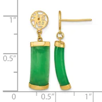 Gold-toned earrings with pierced circular tops featuring geometric cutout patterns, suspending polished green jade cylinders with gold caps, shown against a measurement scale.