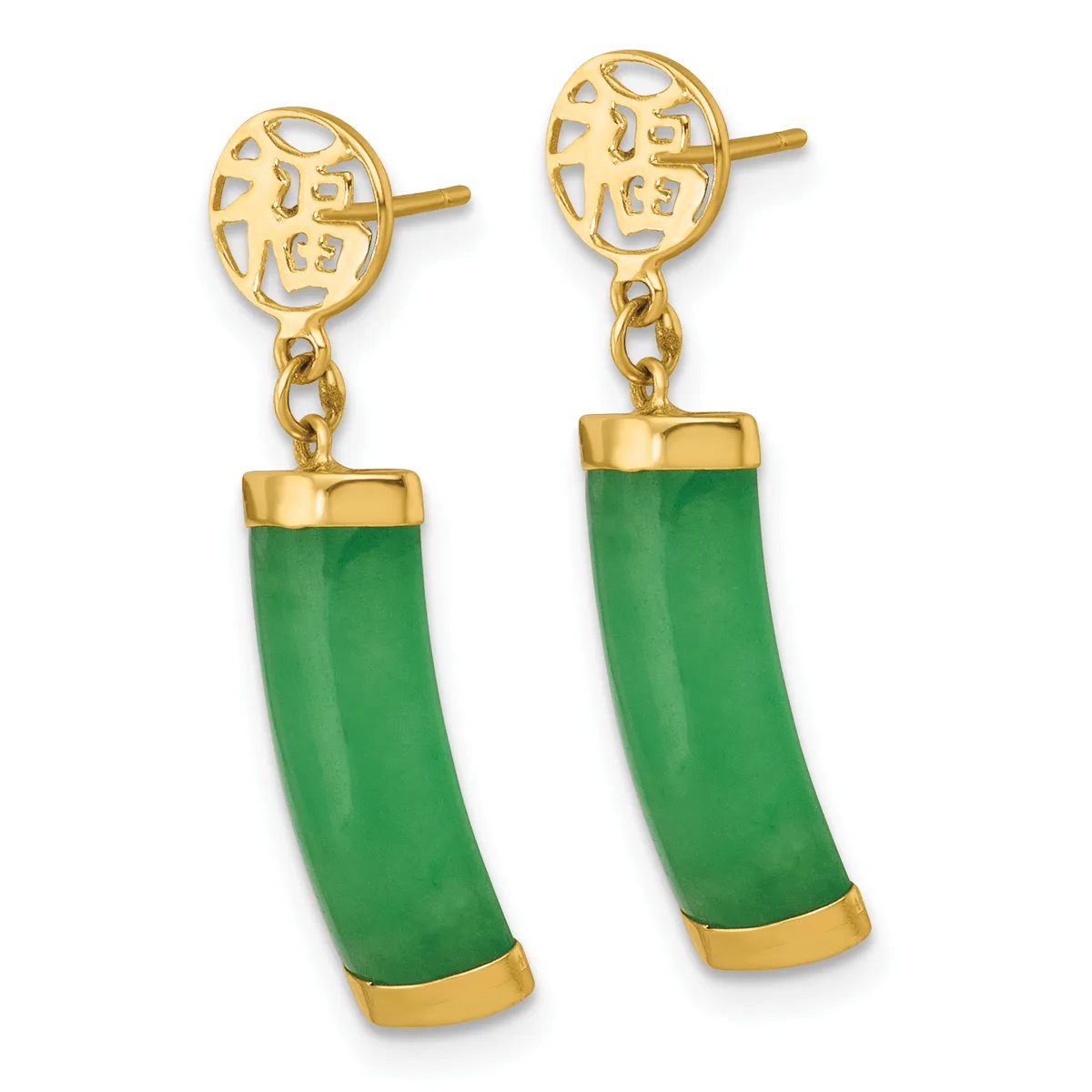 Pair of gold-toned drop earrings with openwork circular studs and green jade cylindrical pendants capped with gold metal bands.