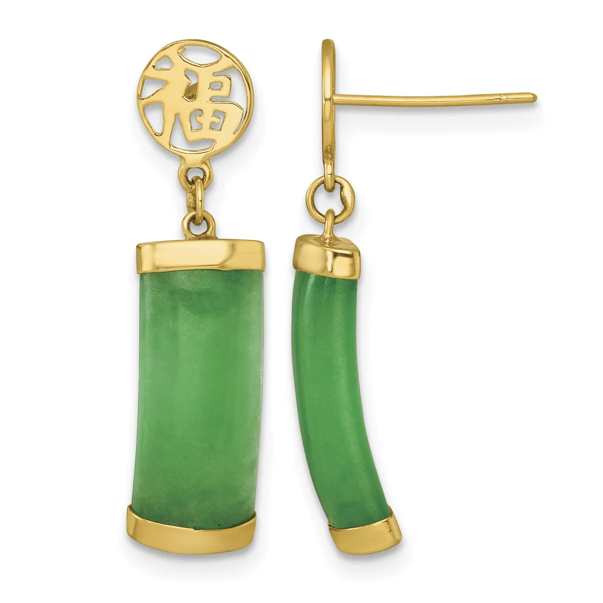 Pair of gold-colored drop earrings with circular openwork posts above cylindrical green jade tubes wrapped in gold metal bands, shown from front and side views.