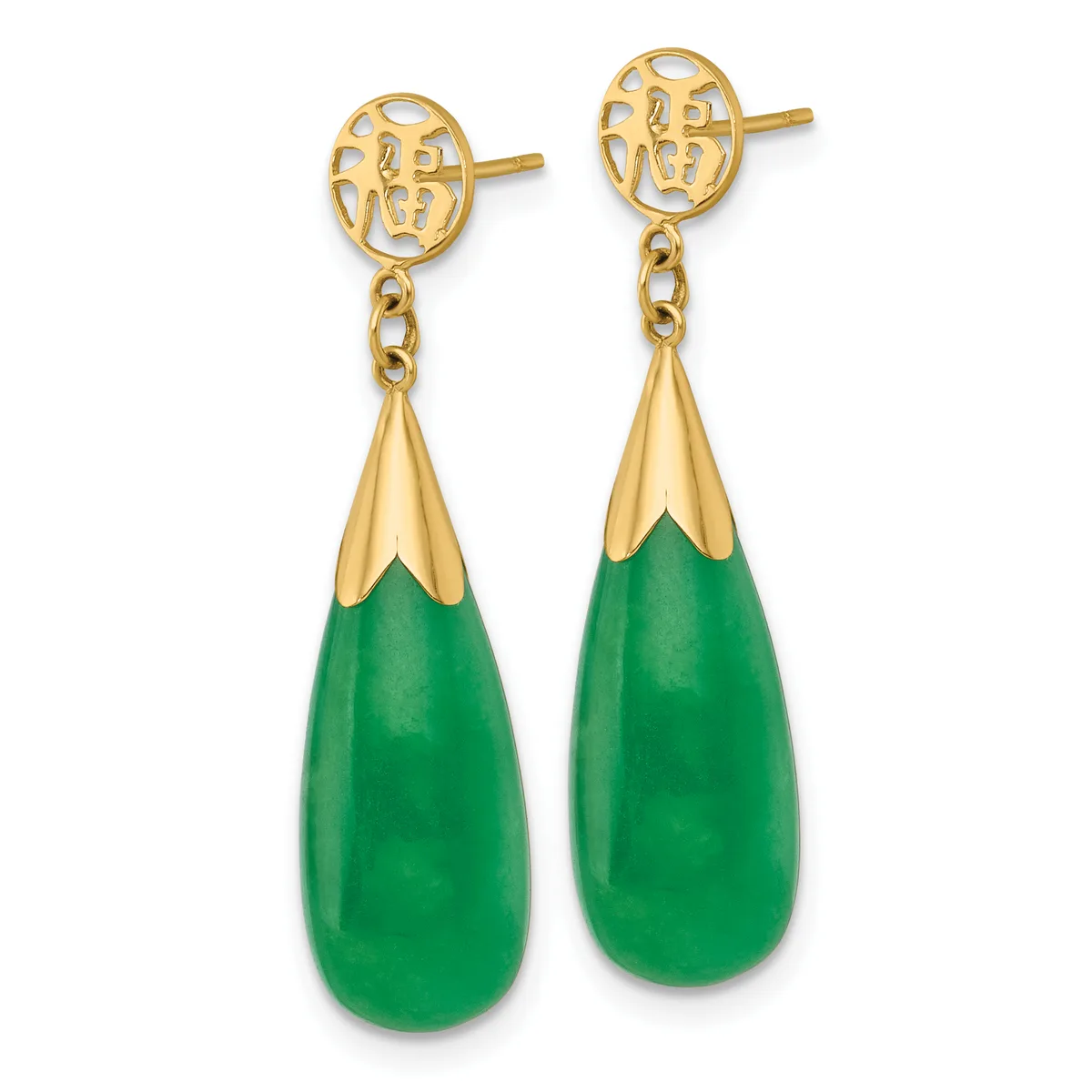 Pair of gold dangle earrings with openwork oval posts connected by chain links to teardrop-shaped green jade pendants with gold caps.