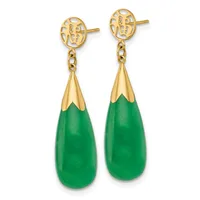 Pair of gold dangle earrings with openwork oval posts connected by chain links to teardrop-shaped green jade pendants with gold caps.