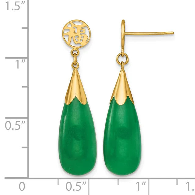 Gold-tone earrings with pierced posts featuring circular filigree tops and green jade teardrop pendants with gold caps, displayed on a measurement scale.