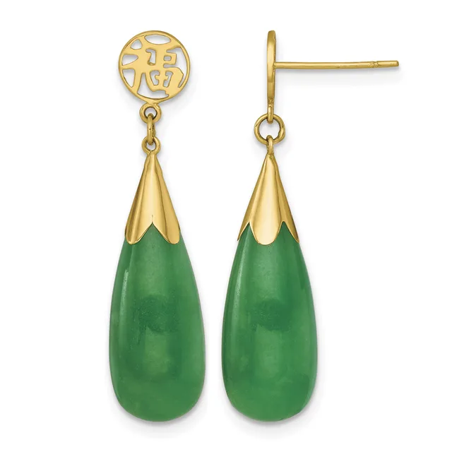 Pair of gold dangle earrings with circular filigree tops and teardrop-shaped green jade pendants capped with gold.