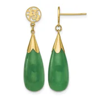 Pair of gold dangle earrings with circular filigree tops and teardrop-shaped green jade pendants capped with gold.