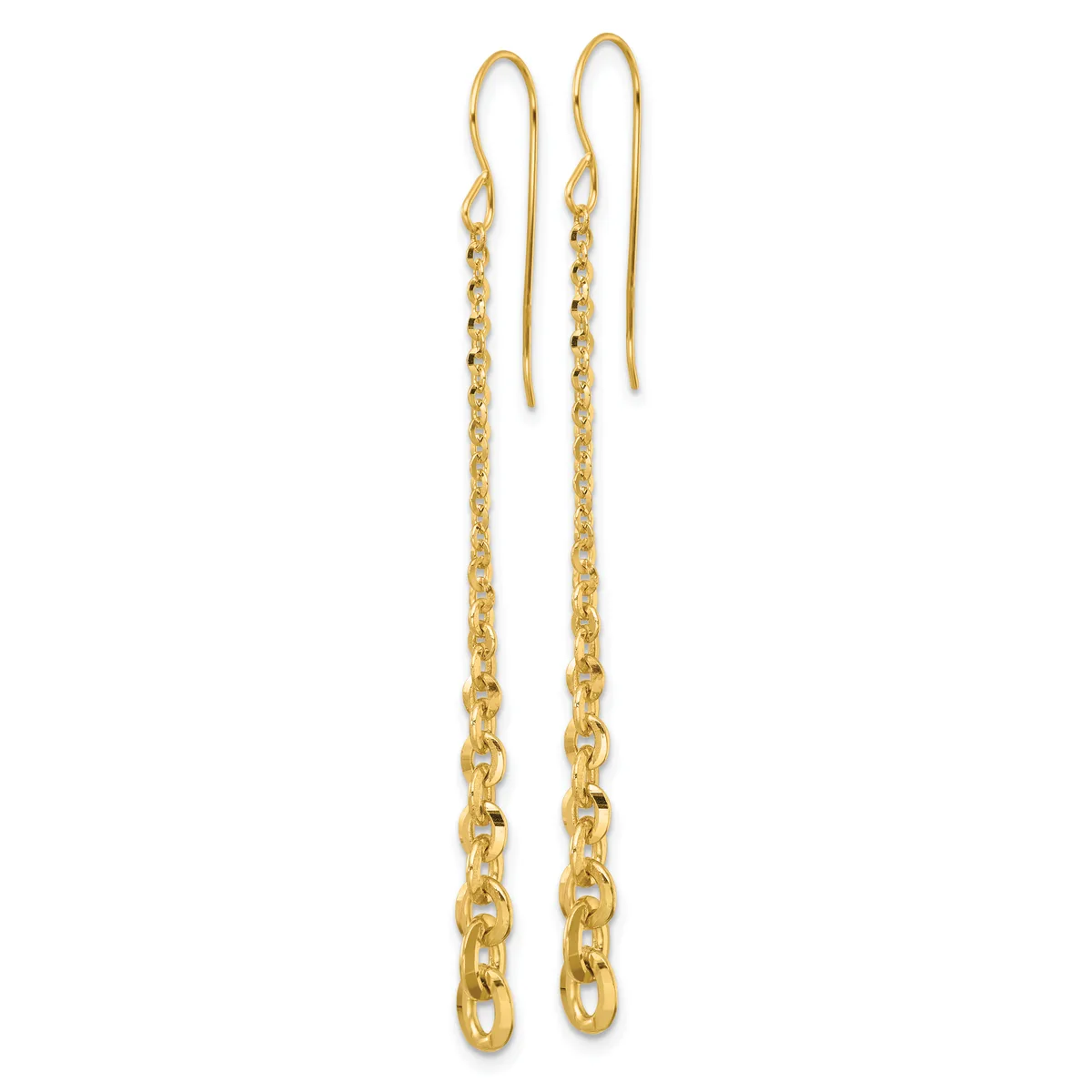 A pair of long gold chain earrings with hook-style ear wires, featuring interlocking oval links that taper slightly toward the bottom.