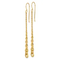A pair of long gold chain earrings with hook-style ear wires, featuring interlocking oval links that taper slightly toward the bottom.