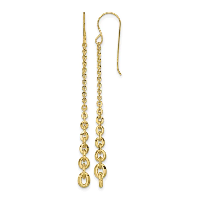 Pair of long gold chain dangle earrings with hook closures, featuring graduated oval links that decrease in size toward the bottom.