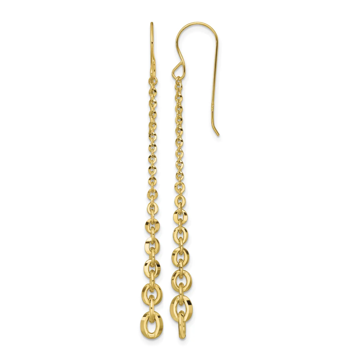 Pair of long gold chain dangle earrings with hook closures, featuring graduated oval links that decrease in size toward the bottom.