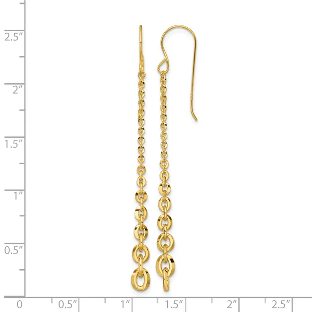 Pair of gold chain dangle earrings with hook closures displayed on a measurement scale showing they are approximately 2.5 inches long.
