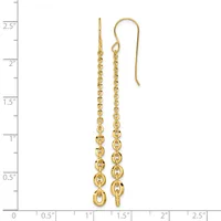 Pair of gold chain dangle earrings with hook closures displayed on a measurement scale showing they are approximately 2.5 inches long.