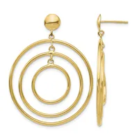 Gold dangle earrings with concentric circular rings suspended from polished ball studs, shown from front and side views.