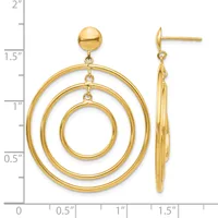Gold-toned concentric circle dangle earrings with a polished ball post shown front and side view against a measurement scale.