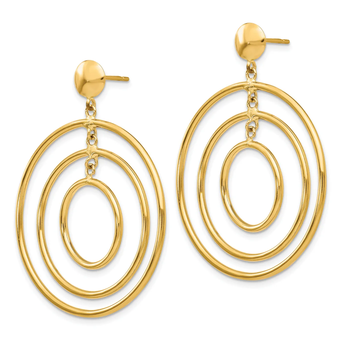 Pair of gold-toned stud earrings with three nested oval rings dangling from round post backs, shown from the front.