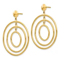 Pair of gold-toned stud earrings with three nested oval rings dangling from round post backs, shown from the front.