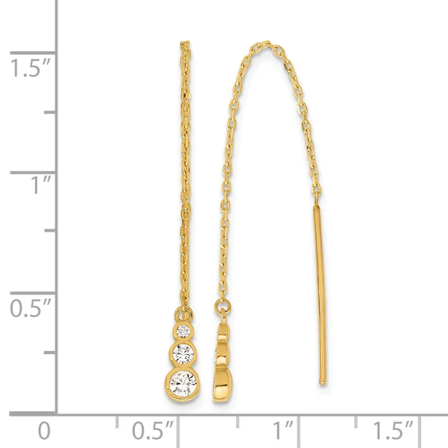 Two gold threader earrings with chain strands and cubic zirconia stones displayed next to a measurement ruler showing approximately 1.5 inches in length.