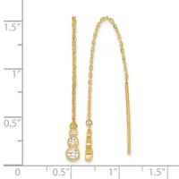 Two gold threader earrings with chain strands and cubic zirconia stones displayed next to a measurement ruler showing approximately 1.5 inches in length.