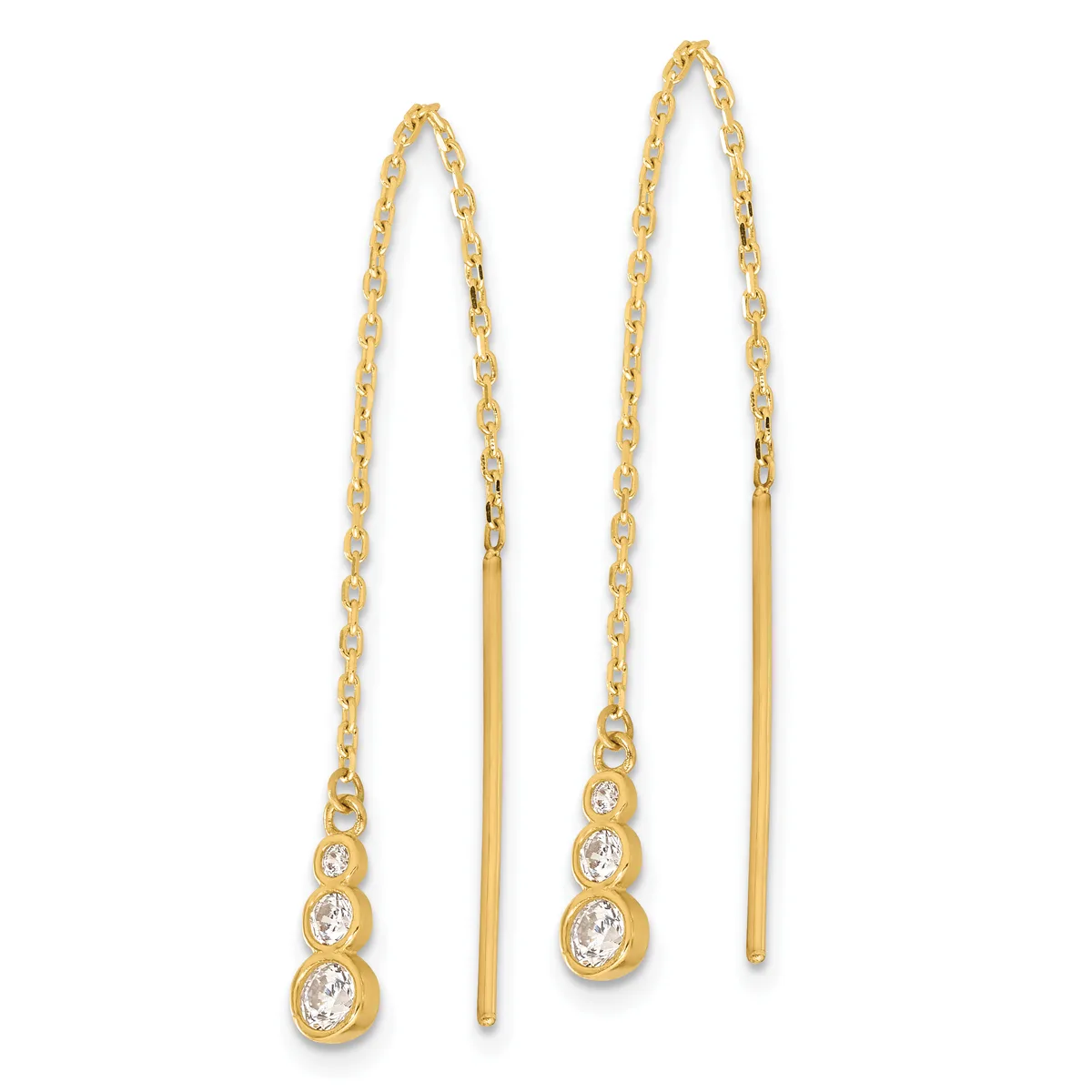 Pair of gold threader earrings with chain strands and stacked oval cubic zirconia pendants, shown from the front.