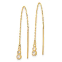Pair of gold threader earrings with chain strands and stacked oval cubic zirconia pendants, shown from the front.