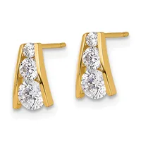 A pair of gold stud earrings with rectangular frames holding round brilliant-cut diamonds arranged in a cascading pattern.