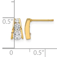 Gold stud earrings with three round diamonds arranged vertically in a channel setting, shown with a measurement scale indicating approximately 0.5 inches in height.