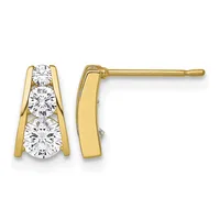 Pair of gold stud earrings with three round diamonds stacked vertically in each earring, shown from front and side views.