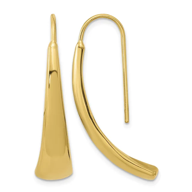 A pair of polished gold cone-shaped drop earrings with curved ear wires, shown from front and side views.