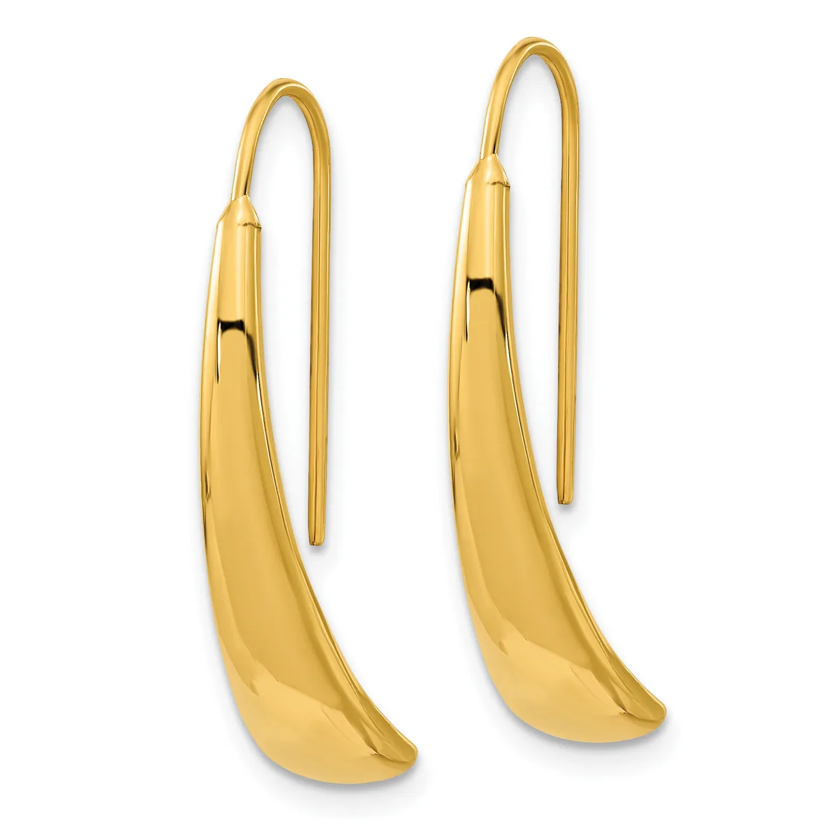 Pair of polished gold curved drop earrings with hook-style wires, shown against a white background.