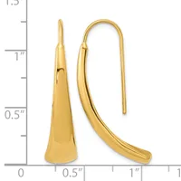 A pair of polished gold cone-shaped drop earrings with threader-style hooks, displayed against a measurement scale showing approximately 1.5 inches in length.