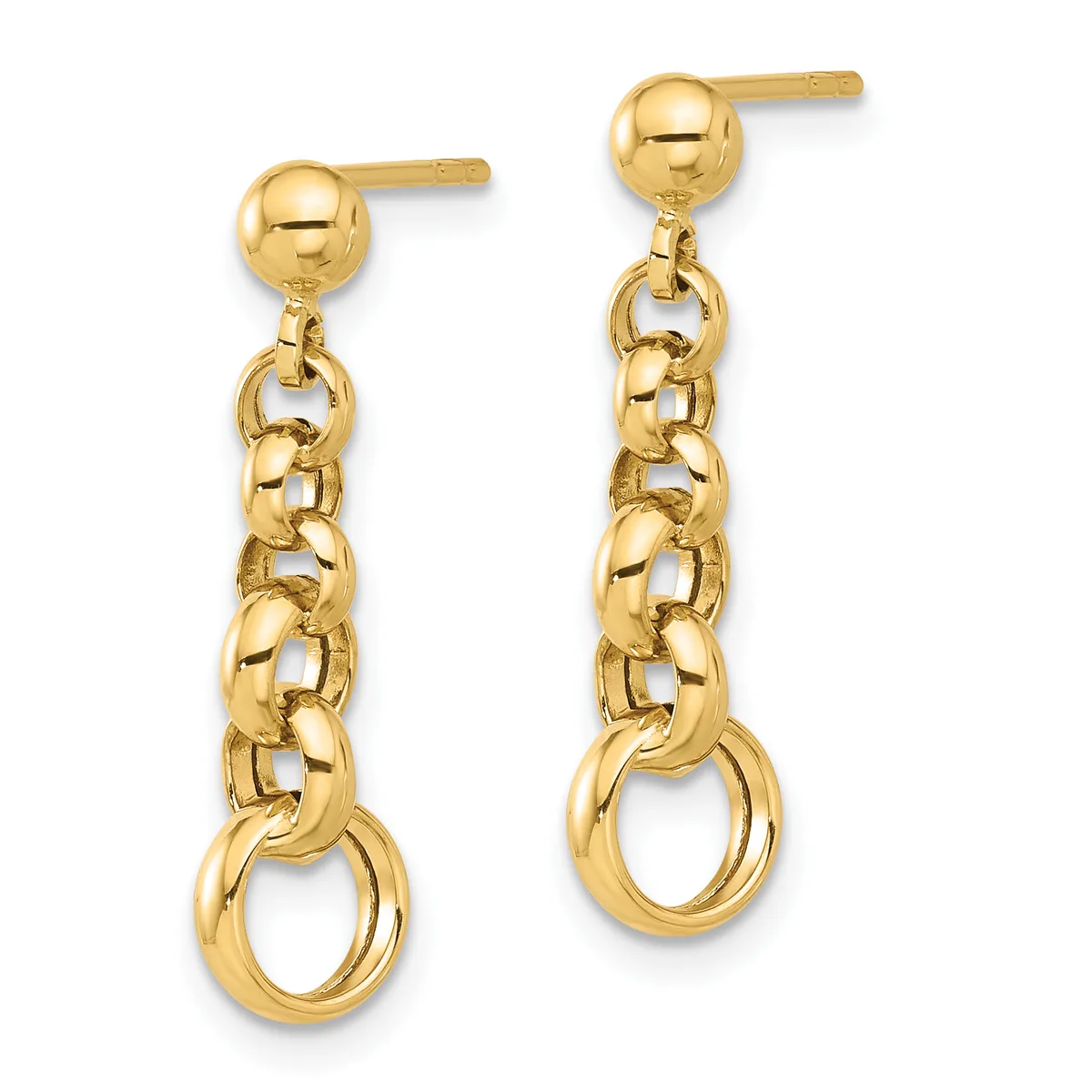A pair of gold dangle earrings featuring ball studs connected to chunky curb chain links with circular rings at the bottom.