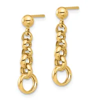 A pair of gold dangle earrings featuring ball studs connected to chunky curb chain links with circular rings at the bottom.