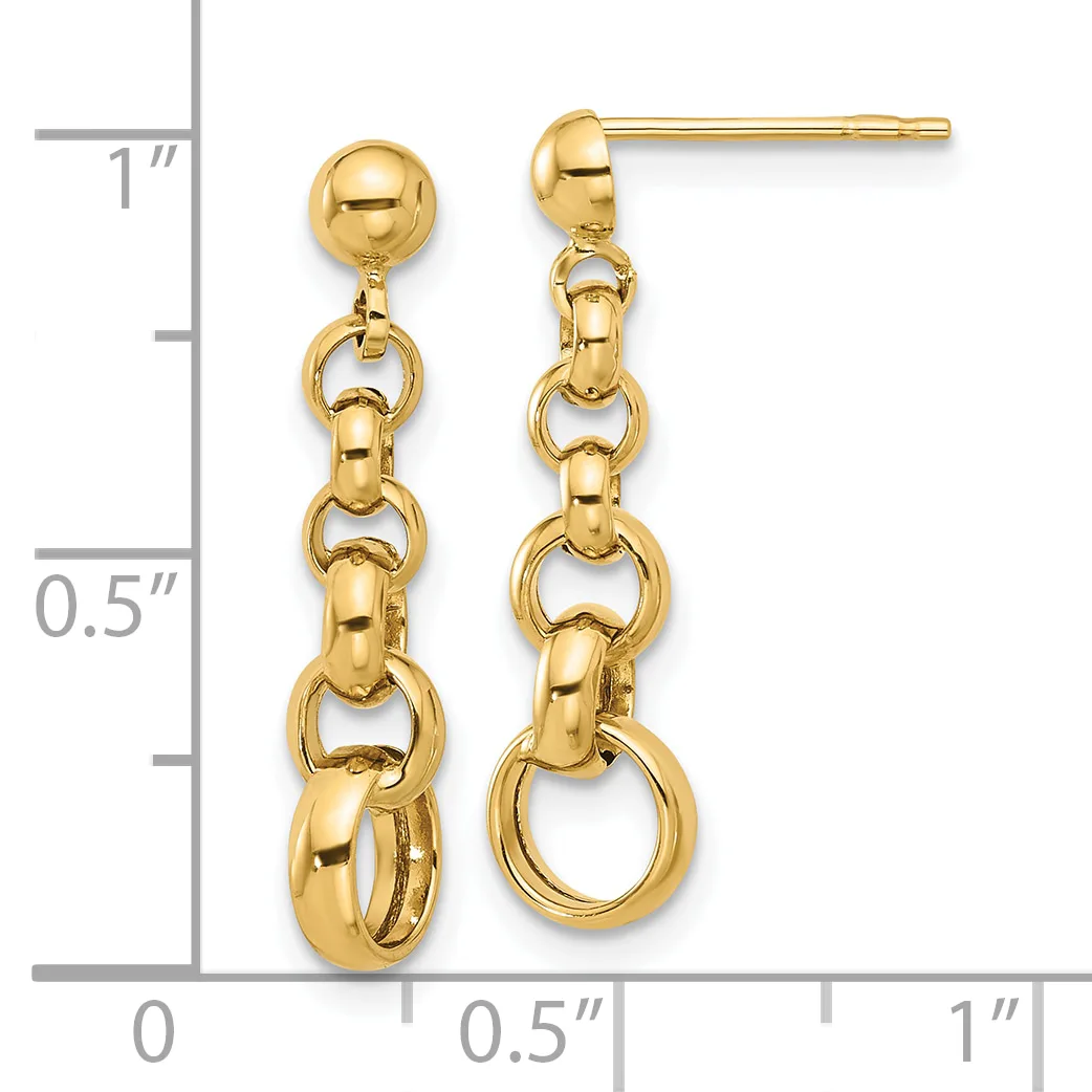 Gold-colored chain link drop earrings with ball studs, shown next to a ruler measuring approximately one inch in length.