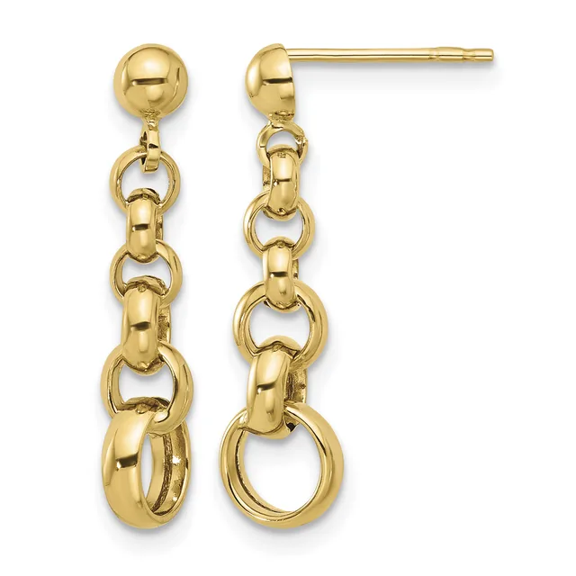 Pair of gold-colored dangling earrings with a polished ball stud top and three connected oval link segments, shown from front and side views.