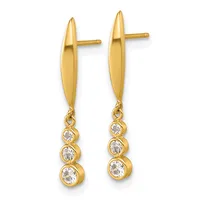 Pair of gold drop earrings with polished oval studs and three stacked round bezels set with cubic zirconia stones hanging from each post.