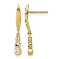 Pair of gold drop earrings with three round diamond stones stacked vertically, shown from front and side view on posts with backs.