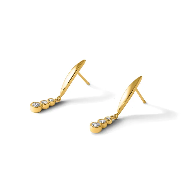 A pair of gold drop earrings with polished curved posts and three round diamond studs suspended below, shown against a white background.