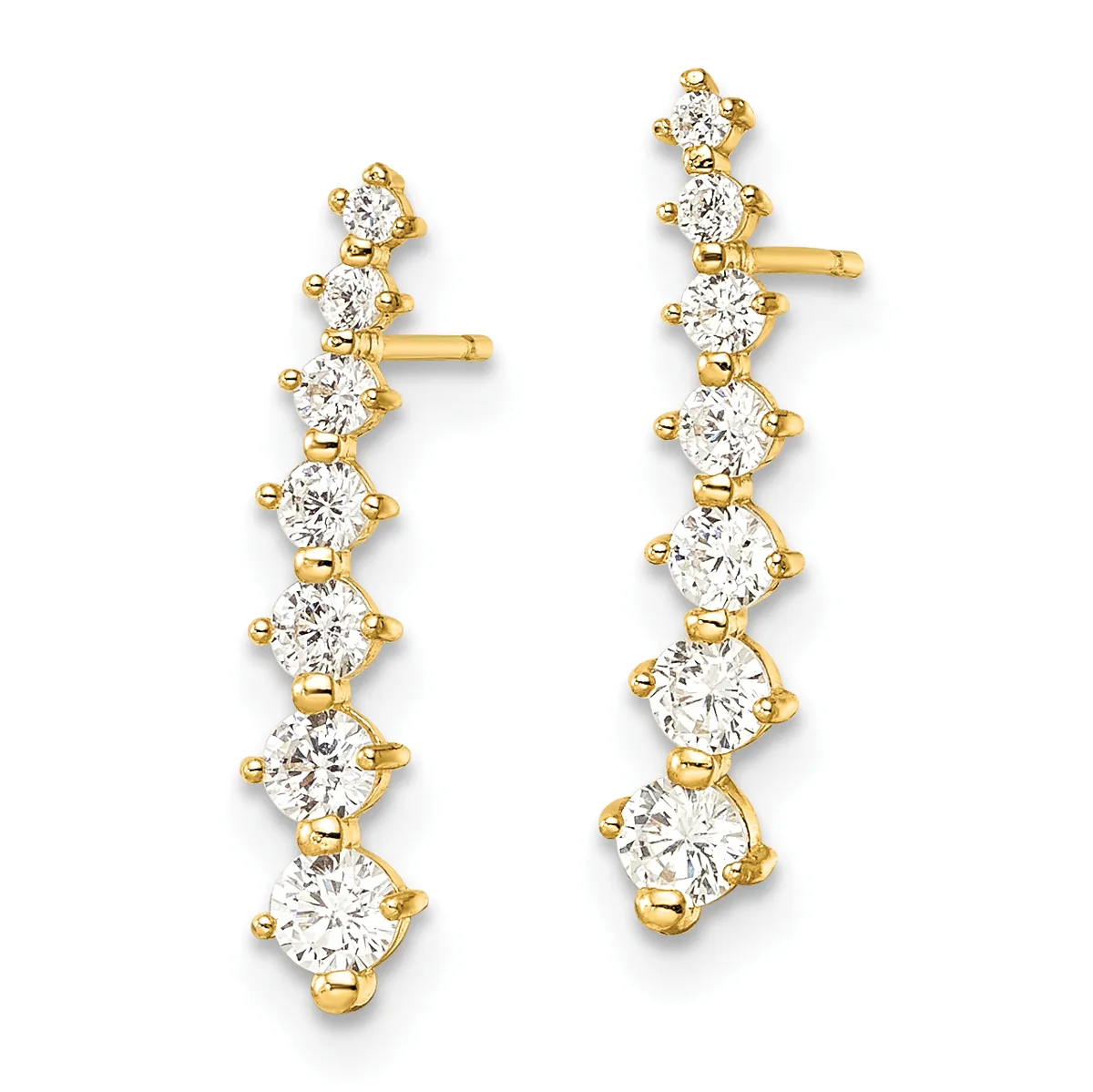 Pair of gold drop earrings with round diamond stones set in a vertical linear arrangement, shown against a white background.