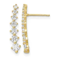 Pair of gold drop earrings with seven round diamonds arranged vertically along a post back, shown from front and back views.