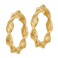 Pair of gold-colored twisted hoop earrings with textured surface detail and post-and-clutch closures, displayed against a white background.
