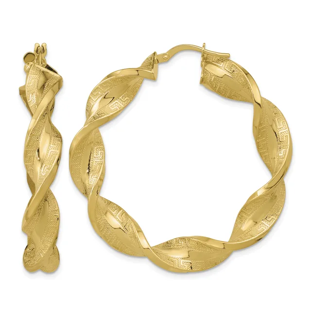 Pair of twisted gold hoop earrings with textured surfaces and a small stamped hallmark, shown from front and side angles.