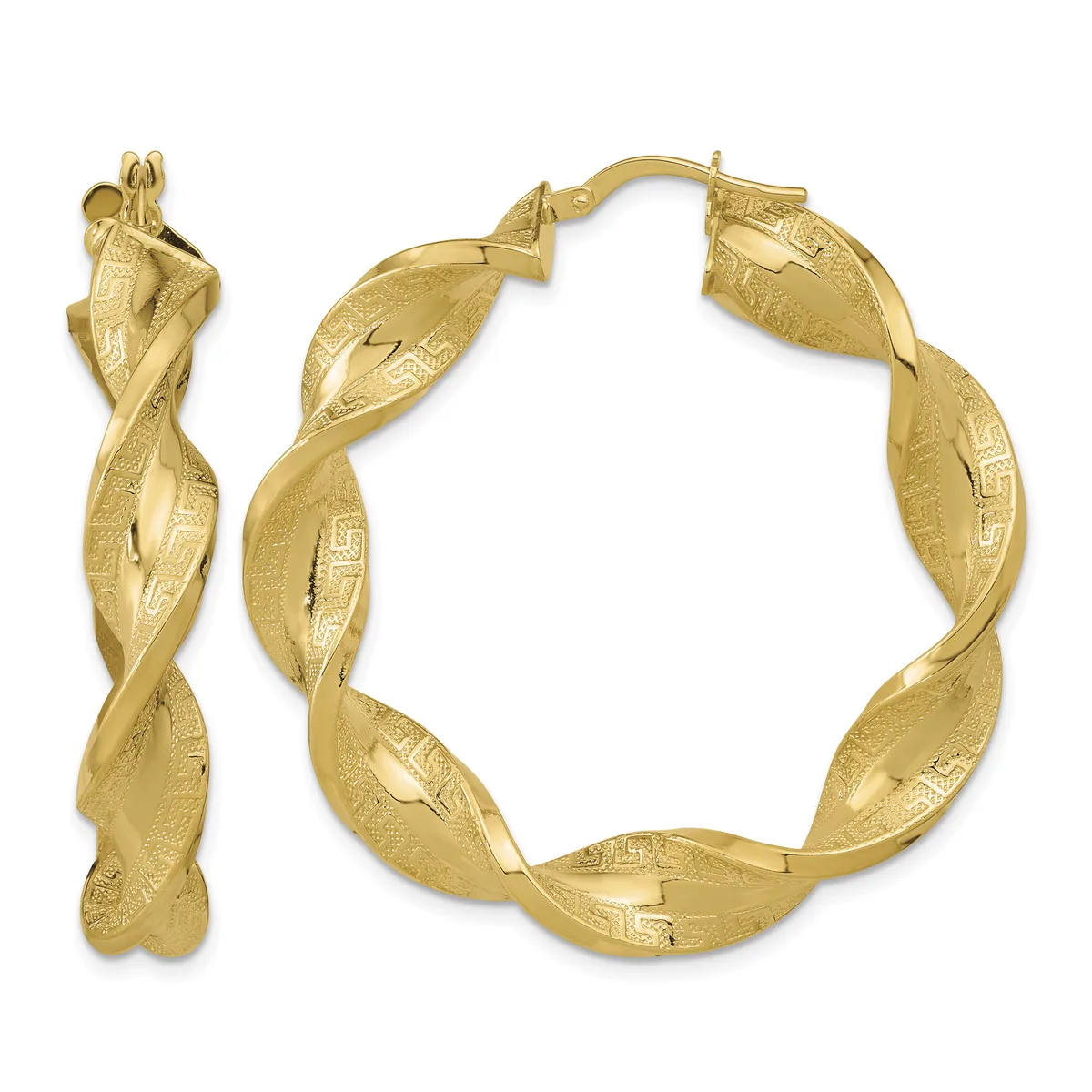 Pair of twisted gold hoop earrings with textured surfaces and a small stamped hallmark, shown from front and side angles.