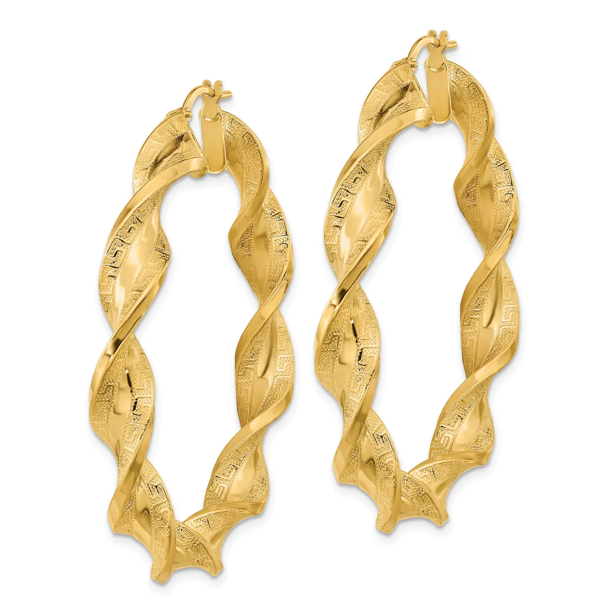 Pair of gold twisted hoop earrings with textured surfaces and small post and clutch closures.