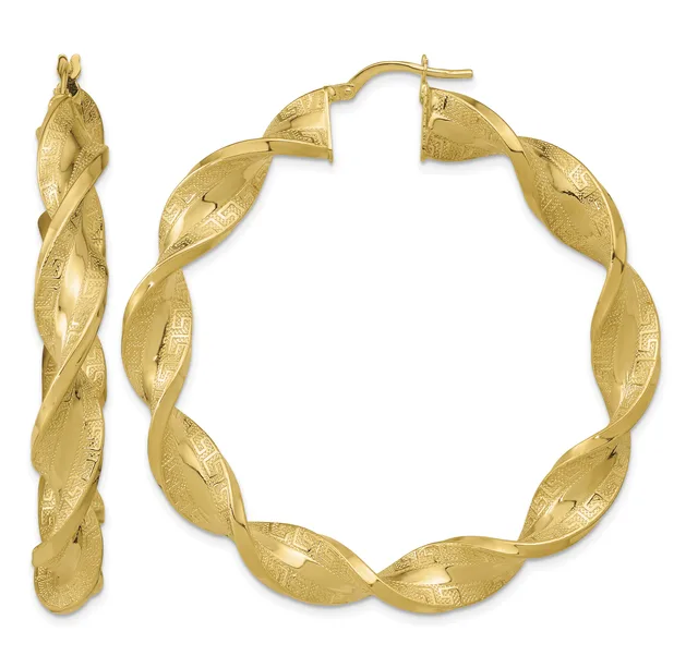 Pair of twisted gold hoop earrings with textured finish and etched leaf-like details, shown from front and side views.