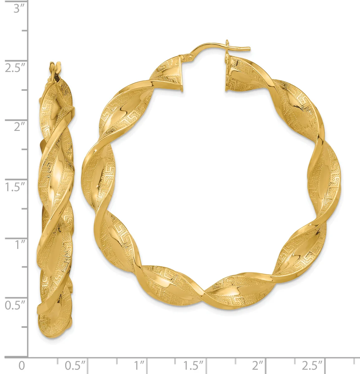Gold twisted hoop earrings displayed next to a ruler showing their approximately 2.5-inch diameter, with a matching smaller twisted hoop earring shown on the left for scale.