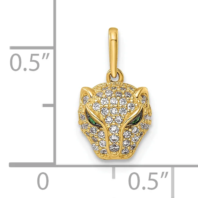 Gold-tone panther head pendant with cubic zirconia pavé setting and green enamel eyes, shown against a measurement scale indicating approximately 0.5 inches in height and width.