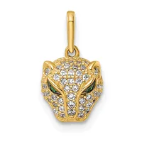 Gold panther head pendant with cubic zirconia stones and green stone eyes, suspended from a gold bail.